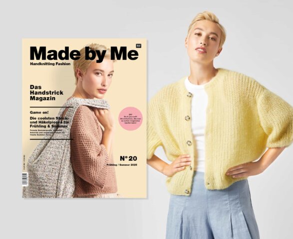 Cover of the magazine Made by Me Handknitting no. 20 and a female model who wears a light yellow knitted jacket