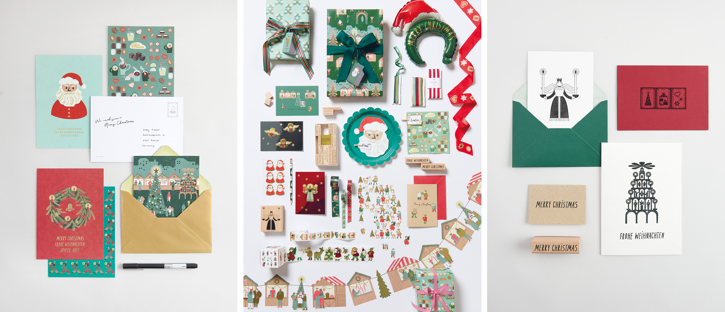 Verschiedene weihnachtliche Papeterie Artikel wie selbstgestaltete Karten und Umschläge